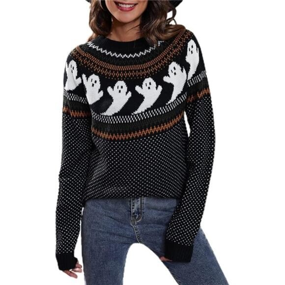 Halloween Ghost Knit Sweater – Gothic Long Sleeve Pullover Streetwear Top - Picture 1 of 4